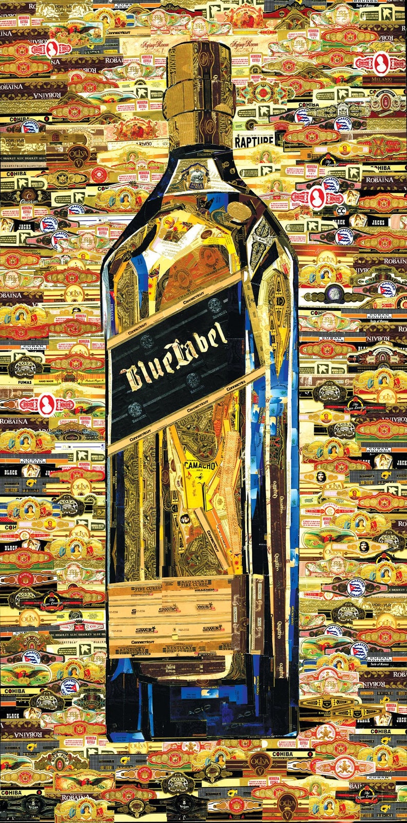 May include: A collage of cigar box labels featuring a bottle of Blue Label Scotch Whiskey. The bottle is made of clear glass and has a gold label with the words "Blue Label" printed in black. The background is a collage of colorful cigar box labels with various brands and designs.