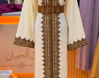 Moroccan Caftan Dress, Ivory and Gold Embroidered Kaftan, Traditional Moroccan Wedding Gown with Belt