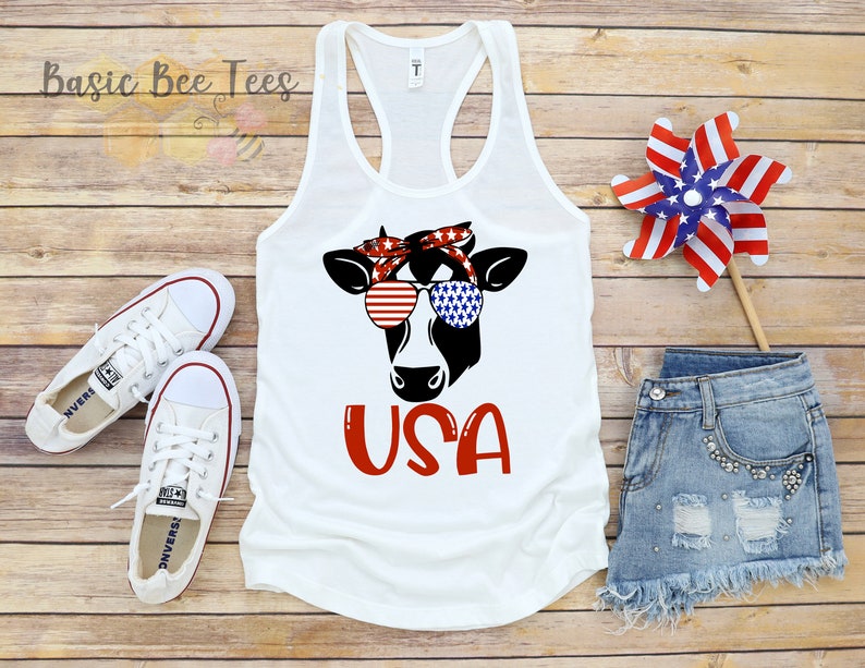 Red White Blue 4th of July Shirt USA Tank Patriotic Cow 4th of July Tank Heifer USA