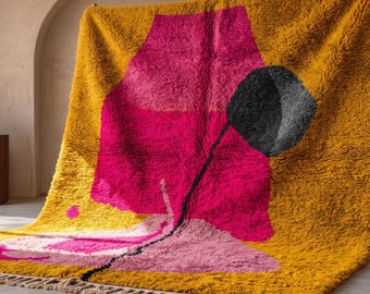 Large Moroccan Wool Rug: Yellow, Pink, and Black Beni Ourain Style