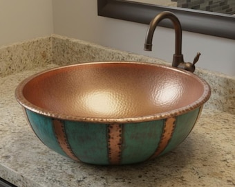 Green Patina Hammered Copper Vessel Sink - Handcrafted Farmhouse Basin