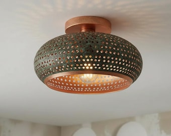 Handmade Perforated Copper Flush Mount Ceiling Light, Rustic Ceiling Green Patina Lamp