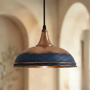 Handcrafted Blue Copper Dome Pendant Light, Rustic Industrial Hanging Lamp