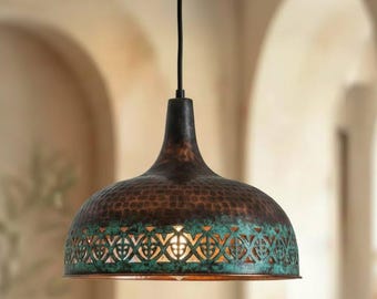 Lámpara colgante marroquí, lámpara de techo rústica vintage con pátina artesanal, iluminación decorativa de cobre.
