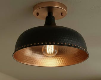 Handcrafted Black Hammered Copper, Rustic Industrial Fixture, Copper Flush Mount Ceiling Lamp