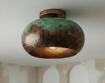 Lámpara de techo empotrada de cobre martillado hecha a mano, lámpara de techo rústica con pátina verde