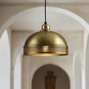 Brass Dome Pendant Light, Moroccan Hanging Ceiling Lamp, Hammered Brass Kitchen Island Lighting Fixture, Copper Dome Lamp