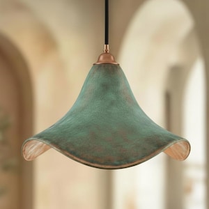 Green Patina Cone Pendant Light - Handmade Copper Lamp - Rustic Ceiling Fixture