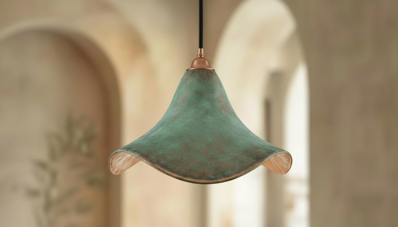 Green Patina Cone Pendant Light - Handmade Copper Lamp - Rustic Ceiling Fixture