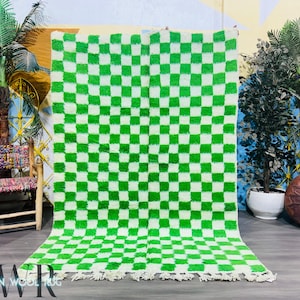 Green and White Checkered Rug, Moroccan Berber Checkered Rug, Checkered Area Rug, Checkerboard Rug, Beni Ourain Rug