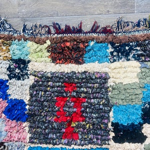 Colorful Boucherouite Rug, Checker Rug, Tapis Berbere, Boucherouite Vintage Rug, Handmade Fabric Rug, Vintage Entryway carpet image 8