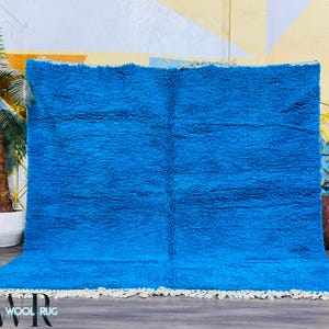 Solid Blue Moroccan Wool Rug - Handwoven Shaggy Beni Ourain Carpet - Bold Statement Rug - Modern Berber Area Rug