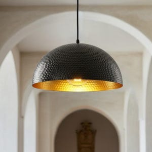 Black Copper Dome Pendant Light, Solid Brass Hanging Fixture, Kitchen Island Lighting, Hammered Copper Ceiling Lamp