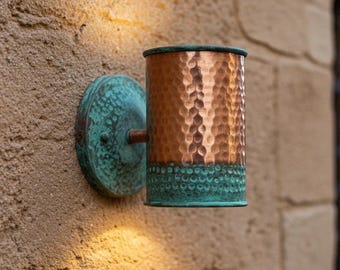 Handmade Hammered Copper Wall Sconce: Rustic Green Patina Light