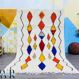 Colorful Diamond Azilal Rug - Handmade Moroccan Wool Carpet - Geometric Berber Shaggy Rug - Custom Boho Area Rug - Tribal Wall Art