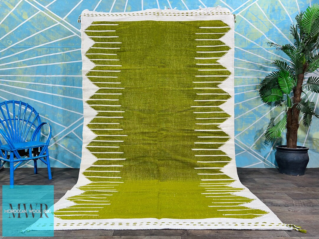 Olive Green Kilim Rug, Moroccan Green Rug for Your Living Room