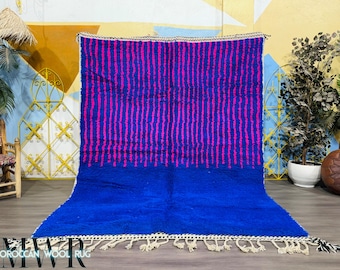 Royal Blue & Magenta Moroccan Rug - Handmade Wool Berber Carpet - Bold Stripe Design - Beni Ourain Style - Modern Boho Art Rug