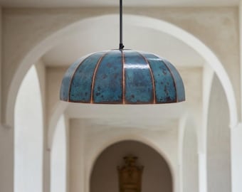 Rustic Industrial Ceiling Lamp , Hanging Dome Lamp , Handmade Blue Patina Light , kitchen island Light , Copper Dome Lamp