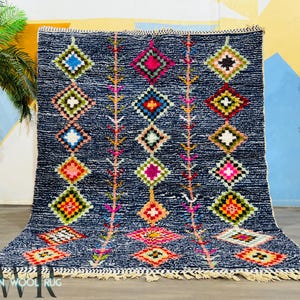 MOROCCAN WOOL RUG - Dark Blue Berber rug - Morocco rug - Beni Ourain rug - Checkered Design Rug - Bohemian Rug - Blue Rug