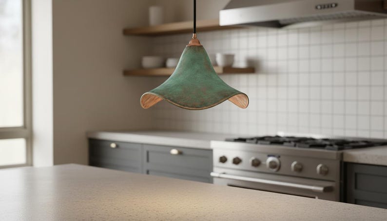Green Patina Cone Pendant Light - Handmade Copper Lamp - Rustic Ceiling Fixture