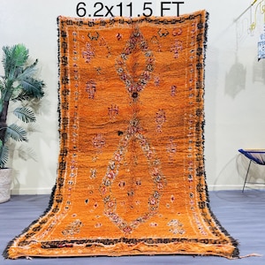 Vintage Orange Wool Berber Rug: Large Moroccan Boujaad Rug (6.2x11.5 FT)