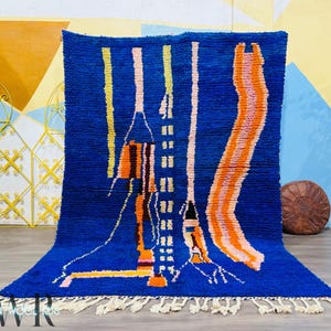 Bold Royal Blue Moroccan Wool Rug, Abstract Handmade Berber Carpet, Modern Beni Ourain, Inspired Area Rug, Custom Colorful Rug