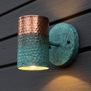 Handmade Hammered Copper Wall Light: Rustic Green Patina Sconce