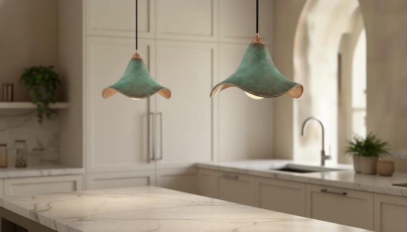 Green Patina Cone Pendant Light - Handmade Copper Lamp - Rustic Ceiling Fixture