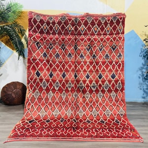 Moroccan Red Rug, Red Wool Handmade Rug, Triangle Design Red Rug, Bedroom Rugs, Home Decor Rug, Tapis Berbere