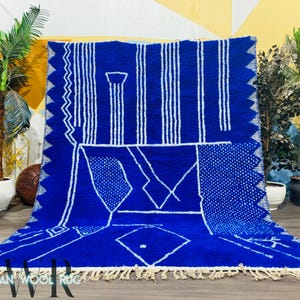 Blue Moroccan Wool Rug Personalized - Handmade Berber Area Rug - Blue Living Room Rug - Bedroom Carpet - Beni Ourain Style