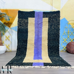 Modern Moroccan Wool Rug - Handmade Black Beige & Purple - Bold Berber Shag Rug - Abstract Color Block Carpet