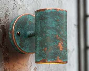 Handmade Hammered Copper Wall Sconce: Green Patina, Rustic Farmhouse Lighting