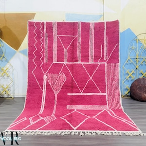 Bright Pink Moroccan Rug - Handmade Abstract Wool Carpet - Modern Berber Tribal Design - Bold Boho Home Decor