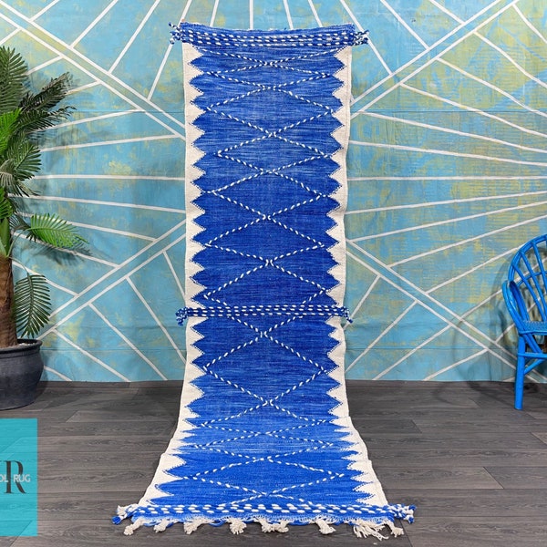 Custom Blue runner rug - Berber Kilim rug - Blue and White runner - Handmade runner rug - Blue Hallway runner - Wool runner