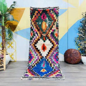 Colorful Boucherouite Rug, Vibrant Moroccan Rag Carpet, Rainbow Berber Textile Art, Boho Runner Rug