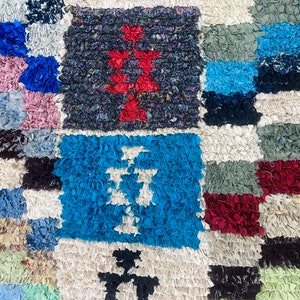 Colorful Boucherouite Rug, Checker Rug, Tapis Berbere, Boucherouite Vintage Rug, Handmade Fabric Rug, Vintage Entryway carpet image 6
