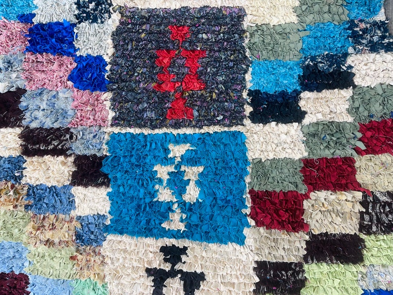 Colorful Boucherouite Rug, Checker Rug, Tapis Berbere, Boucherouite Vintage Rug, Handmade Fabric Rug, Vintage Entryway carpet image 6