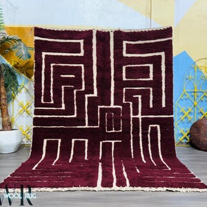 Burgundy Moroccan Wool Rug - Handmade Berber Carpet with Cream Geometric Maze Design - Modern Abstract Shag Rug - Burgundy Morocco Rug