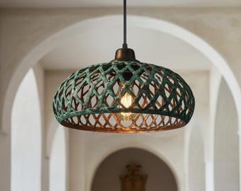 Oxidized Farmhouse Light Fixture, Handcrafted Copper light, Copper Dome Pendant Lamp Blue Patina, Hanging Pendant Light, Rustic chandelier
