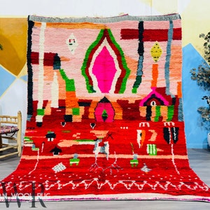Vintage Moroccan Rug, Authentic Boujaad Rug, Red Rugs for living room, Boho rug - Red Wool Rug Handmade rug 6.7 ft x 9 ft