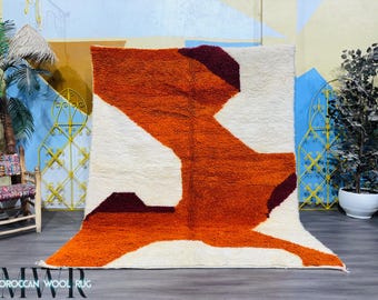 Modern Abstract Moroccan Rug - Bold Orange Burgundy Wool Carpet - Handmade Berber Shag Rug - Contemporary Floor Rug