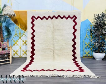 Hand-knotted Beni Ourain Rug: Custom Moroccan Wool Rug, Off White & Burgundy