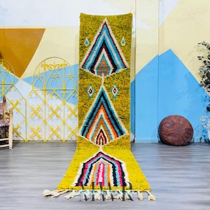 Handmade Moroccan Runner Rug - Berber Wool Rug - Long Tribal Hallway Rug - Boho Shaggy Runner - Geometric Colorful Carpet - Custom Rug