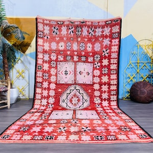 Vintage Moroccan Red Rug, Handmade Wool Area Rug, Boho Colorful Shaggy Carpet