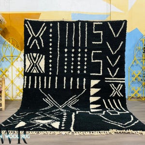 Handgefertigter Berber Teppich aus Wolle in Schwarz & Weiß, Beni Ourain Stil - Boho Modernes Dekor