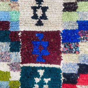 Colorful Boucherouite Rug, Checker Rug, Tapis Berbere, Boucherouite Vintage Rug, Handmade Fabric Rug, Vintage Entryway carpet image 5