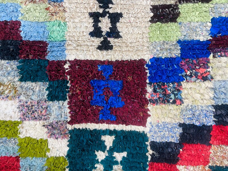 Colorful Boucherouite Rug, Checker Rug, Tapis Berbere, Boucherouite Vintage Rug, Handmade Fabric Rug, Vintage Entryway carpet image 5