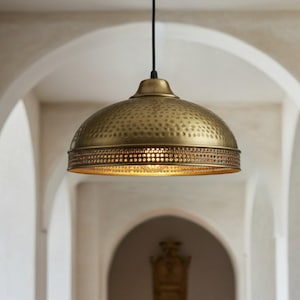 Brass Dome Pendant Light - Hand-Hammered Copper Ceiling Lamp - Perforated Kitchen Island or Dining Room Lighting Fixture