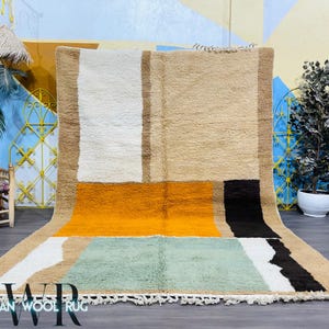 Modern Abstract Moroccan Wool Rug - Color Block Handmade Berber Carpet - Earth Tones & Mint Green Living Room Rug