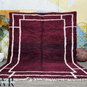 Burgundy Border Moroccan Wool Rug - Handmade Berber Shag Rug - Deep Red Custom Carpet -Geometric Frame Design - Modern Beni Ourain Style